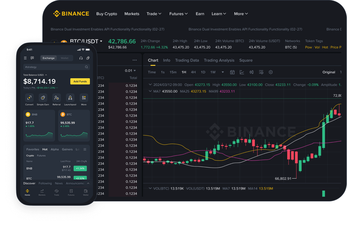 Binance App安卓端与桌面端界面官方展示图，用于Binance安卓下载页面预览